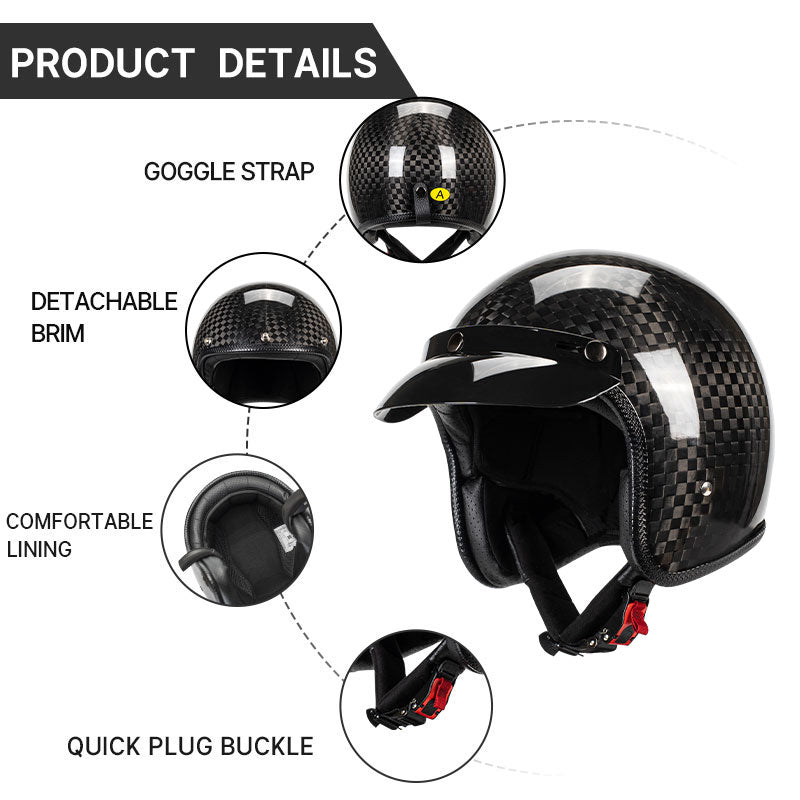 Kaese Motorcycle 3/4 Open Face Helmet Lightweight Carbon Fiber Cafe Racer Vintage Helmets DOT Approved