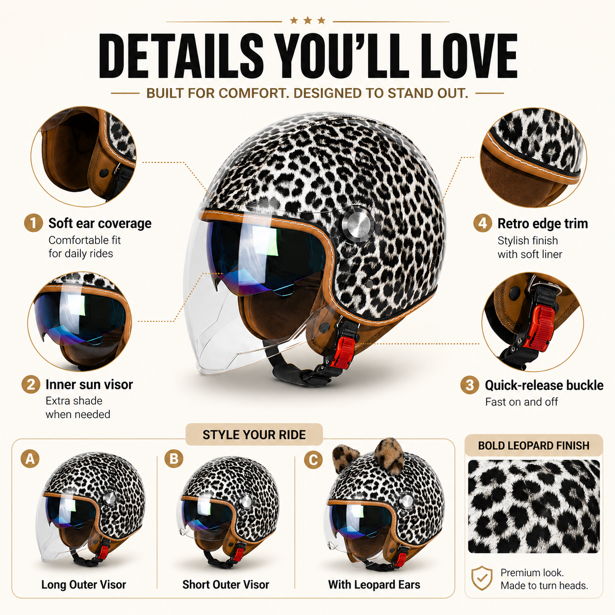 kaese ECE DOT Approved 3/4 Open Face Leather Motorcycle Helmet Flip Up Visor Retro Vintage Two-Tone Cruiser Scooter Men Women